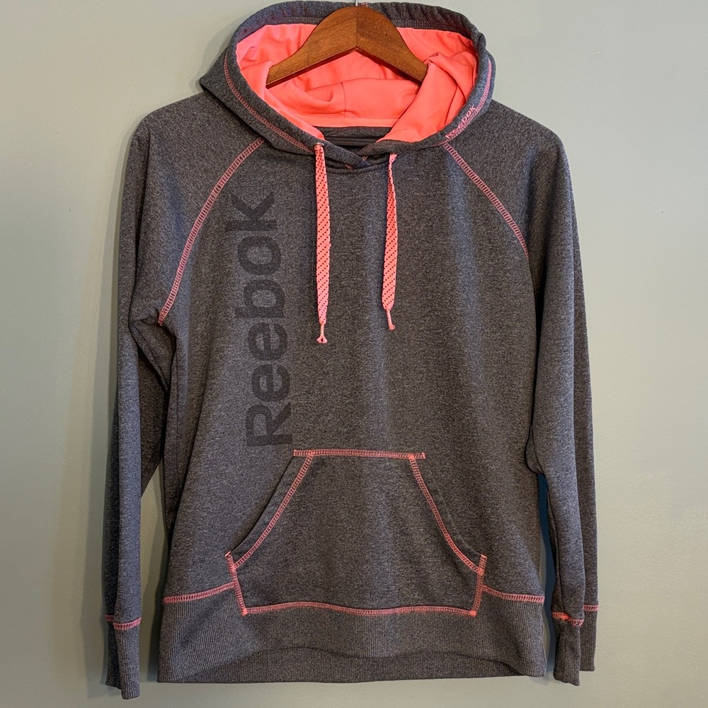 Reebok Size Large Gray Classic Crossover Fleece Hoodie with Pink Stitching